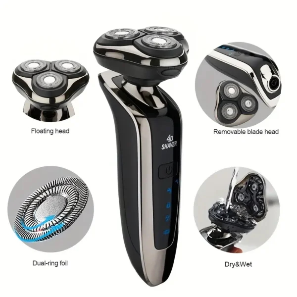Rechargeable Full Body Washable Electric Shaver, For Men, With Nose And Sideburn Trimmers Plus Facial Cleansing Brush And Barber Heads - For A Smooth, Clean Shave. Rechargeable Full Body Washable Shaver, 3-Blade Head Shaver, Waterproof Shaver - Image 3