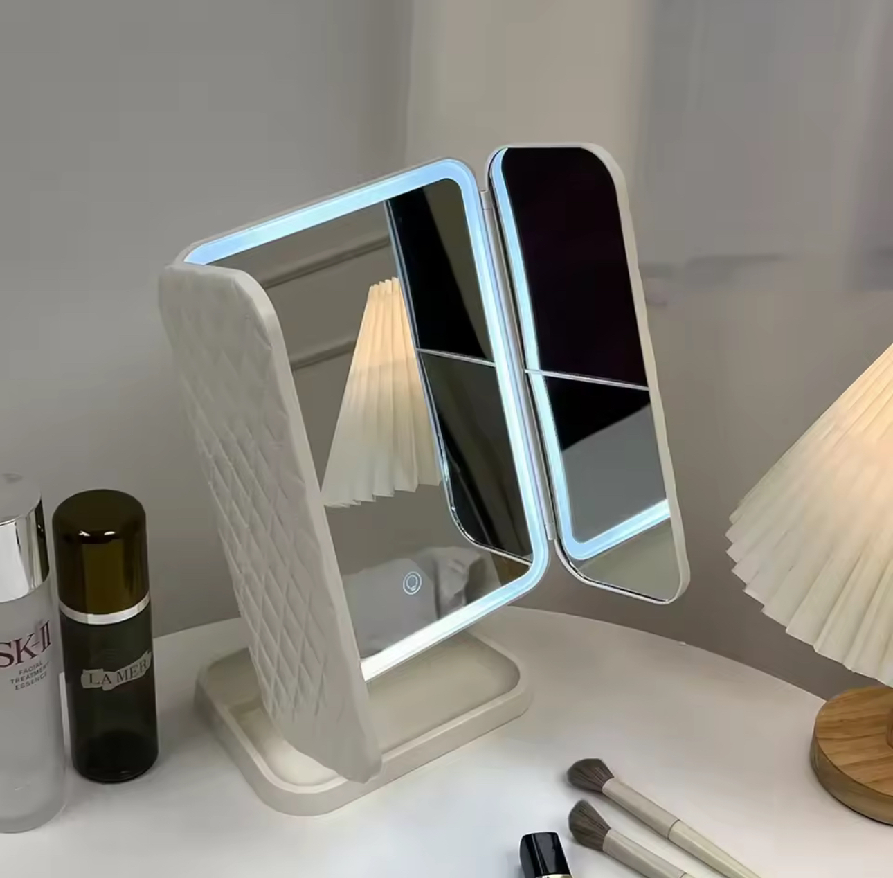 Trifold LED Makeup Mirror – Touch Control, Adjustable Lighting & Portable Design - Image 3